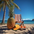 beach chair with umbrella,palm tree,lifebuoy,seaside,pineapple, sunglasses,suitcase summer travel concept