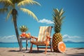 beach chair with umbrella,palm tree,lifebuoy,seaside,pineapple, sunglasses,suitcase summer travel concept Royalty Free Stock Photo