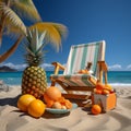 beach chair with umbrella,palm tree,lifebuoy,seaside,pineapple, sunglasses,suitcase summer travel concept Royalty Free Stock Photo