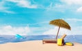 Beach chair with umbrella,palm tree,lifebuoy,seaside,whale,suitcase isolated on blue sky background.summer travel concept,3d