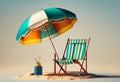 Beach chair and umbrella on the sand against blue sky with clouds generative ai Royalty Free Stock Photo