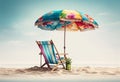 Beach chair and umbrella on the sand against blue sky with clouds generative ai Royalty Free Stock Photo