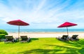 beach chair and umbrella with sea beach background Royalty Free Stock Photo