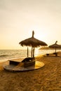 Beach chair and umbrella with sea beach background Royalty Free Stock Photo