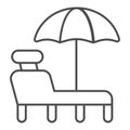 Beach chair with umbrella thin line icon. A deckchair vector illustration isolated on white. Beach lounge outline style