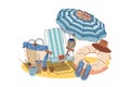 Beach chair under umbrella on the sand scene, flat cartoon vector illustration Royalty Free Stock Photo