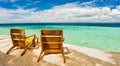 Beach chairs, clear water and beautiful view on tropical island, near Palawan, Phillippines