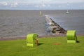 Beach chairs at the Hooger FÃÂ¤hre pier Royalty Free Stock Photo