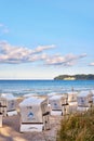 Beach with beach chairs with the inscription -RÃÂ¼gen- in Binz on the Baltic Sea. Mecklenburg-Vorpommern, Germany Royalty Free Stock Photo