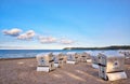 Beach chairs with the inscription -RÃÂ¼gen- on the beach of Binz on the Baltic Sea. Mecklenburg-Vorpommern, Germany Royalty Free Stock Photo