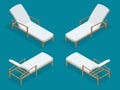 Beach chairs isolated on blue background. Wooden beach chaise longue Flat 3d isometric vector illustration. Royalty Free Stock Photo