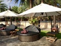 Beach chairs near swimming pool in tropical resort Royalty Free Stock Photo