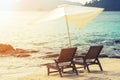 Beach chairs with parasol on the beach, soft focus. vintage tone. vacation.holidays