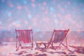 Beach chairs on sea shore with glowing party bokeh and film stylized