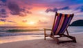 Beach chairs and sunset on tropical island. Beautiful sky. Vacation and relaxation