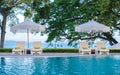 beach chairs at a swimming pool with umbrellas Royalty Free Stock Photo