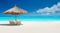 Beach chairs with umbrella and beautiful sand beach. AI Generative Royalty Free Stock Photo