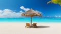 Beach chairs with umbrella and beautiful sand beach. AI Generative Royalty Free Stock Photo