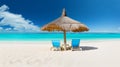 Beach chairs with umbrella and beautiful sand beach. AI Generative Royalty Free Stock Photo