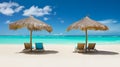Beach chairs with umbrella and beautiful sand beach. AI Generative Royalty Free Stock Photo