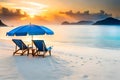 Beach chairs with umbrella and beautiful sand beach, tropical beach with white sand and turquoise wate Royalty Free Stock Photo