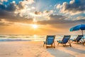 Beach chairs with umbrella and beautiful sand beach, tropical beach with white sand and turquoise wate Royalty Free Stock Photo