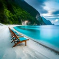 Beach chairs with umbrella and beautiful sand beach, tropical beach with white sand and turquoise wate Royalty Free Stock Photo