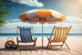 Beach chairs with umbrella and coconut on the sandy beach Royalty Free Stock Photo