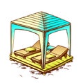 Beach Chairs Under Canopy At Coast Retro Vector