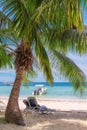 Beach chairs under a palm tree on tropical beach.