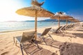 Beach chairs with a white sand on San Ciprianu beach near Porto-Vecchio in Corsica, France, Europe Royalty Free Stock Photo