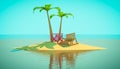 Beach chaise longue under palm tree. Cartoon 3d illustration