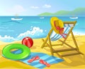 Beach with chaise lounge and recreation items