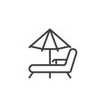 Beach chaise lounges and umbrella line icon