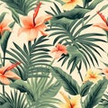 Beach cheerful seamless pattern wallpaper of tropical dark green leaves of palm trees and flowers Royalty Free Stock Photo