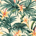 Beach cheerful seamless pattern wallpaper of tropical dark green leaves of palm trees and flowers Royalty Free Stock Photo