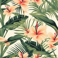 Beach cheerful seamless pattern wallpaper of tropical dark green leaves of palm trees and flowers Royalty Free Stock Photo