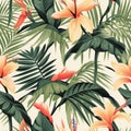 Beach cheerful seamless pattern wallpaper of tropical dark green leaves of palm trees and flowers Royalty Free Stock Photo