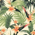 Beach cheerful seamless pattern wallpaper of tropical dark green leaves of palm trees and flowers Royalty Free Stock Photo