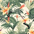 Beach cheerful seamless pattern wallpaper of tropical dark green leaves of palm trees and flowers Royalty Free Stock Photo