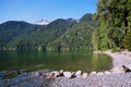 Beach at Chilliwack Lake Provincial Park Campground; forests & mountains