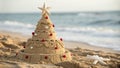 Beach Christmas Sandcastle Starfish, Sand, Ornaments Royalty Free Stock Photo