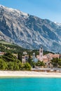 Beach,City,Church And Biokovo-Baska Voda,Croatia Royalty Free Stock Photo