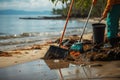 Beach cleaners collect garbage with rakes, tidying up the shore.