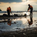 Beach cleaners collect garbage with rakes, tidying up the shore.