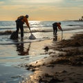 Beach cleaners collect garbage with rakes, tidying up the shore.