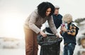 Beach cleaning, plastic and family with child volunteer for education, learning and community support. Happy people