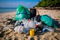 Beach cleanup, picking plastic garbage, ocean-friendly living and save the planet concept.