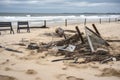 beach cleanup after storm, with broken fences and debris scattered across the sand Royalty Free Stock Photo