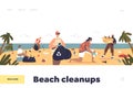 Beach cleanups concept of landing page with people cleaning seaside. Volunteers picking up waste